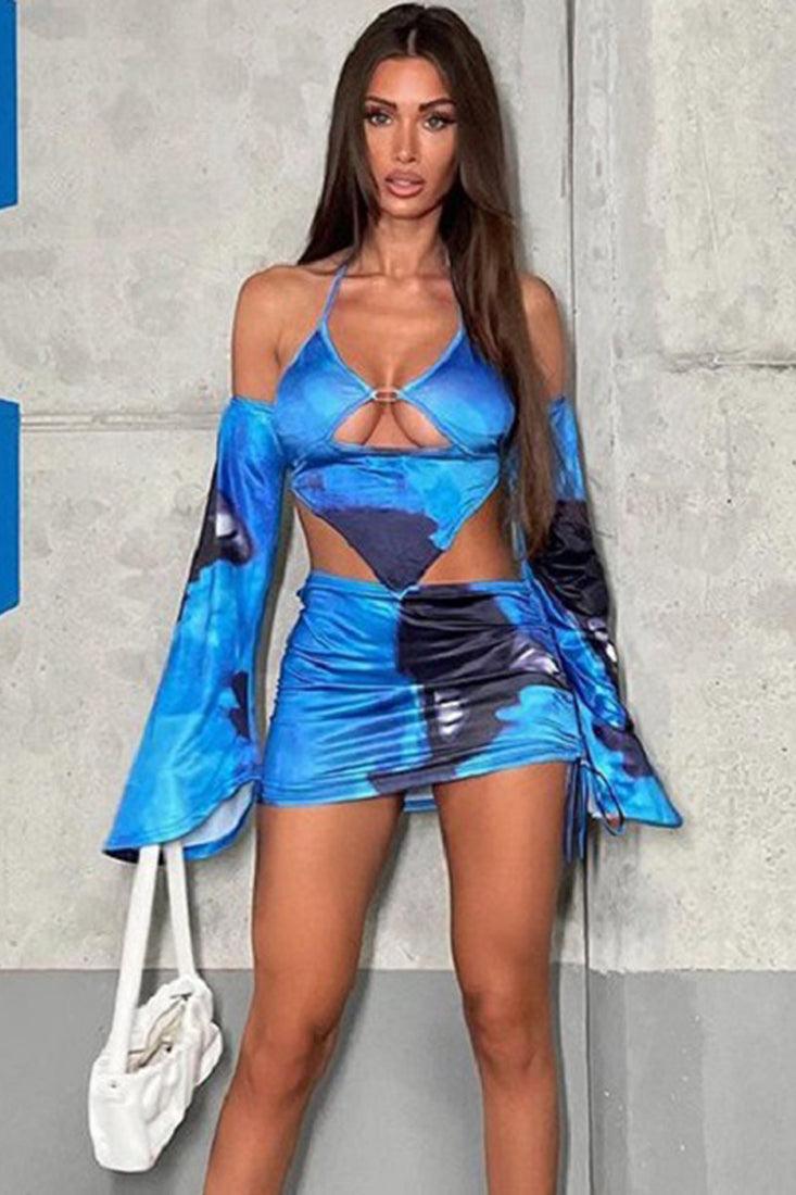 Blue Printed Cut Out 4 Piece Party Dress - AMIClubwear