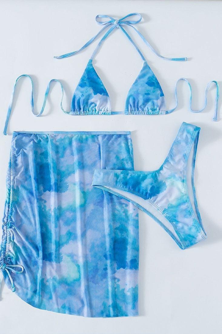 Blue Printed Halter Sexy Three Piece Swimsuit - AMIClubwear