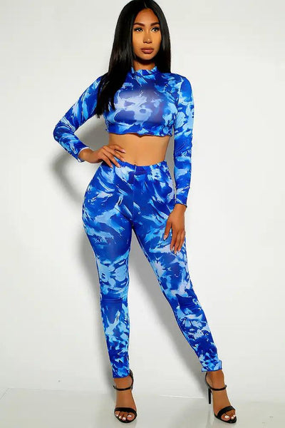 Blue Printed Long Sleeve Two Piece Outfit - AMIClubwear