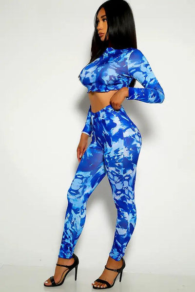 Blue Printed Long Sleeve Two Piece Outfit - AMIClubwear