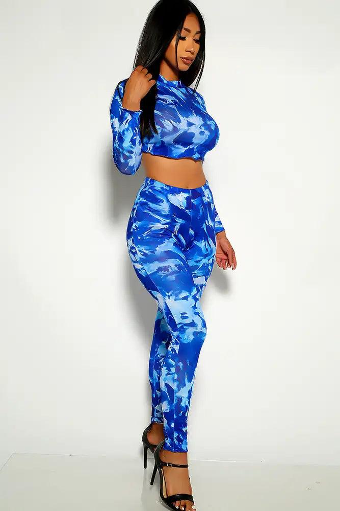 Blue Printed Long Sleeve Two Piece Outfit - AMIClubwear