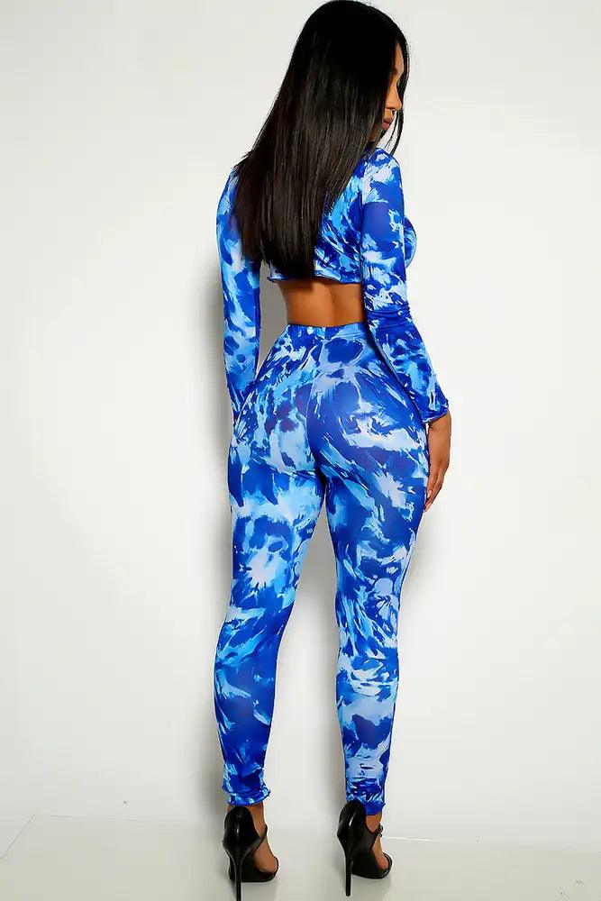 Blue Printed Long Sleeve Two Piece Outfit - AMIClubwear