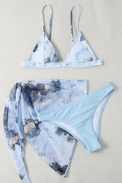 Blue Printed Mesh Three Piece Swimsuit - AMIClubwear