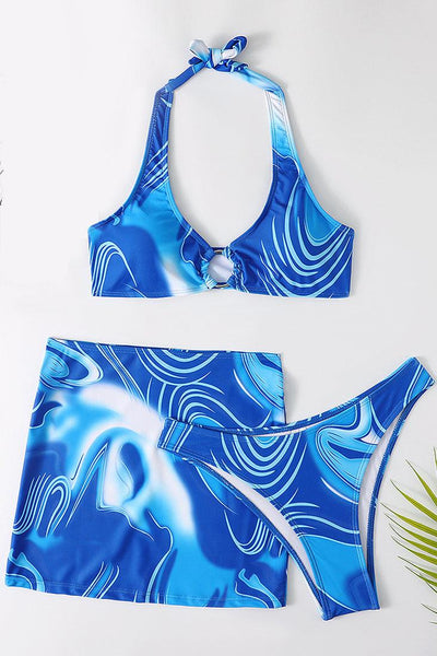 Blue Printed O-Ring Two Tone Three Piece Swimsuit - AMIClubwear