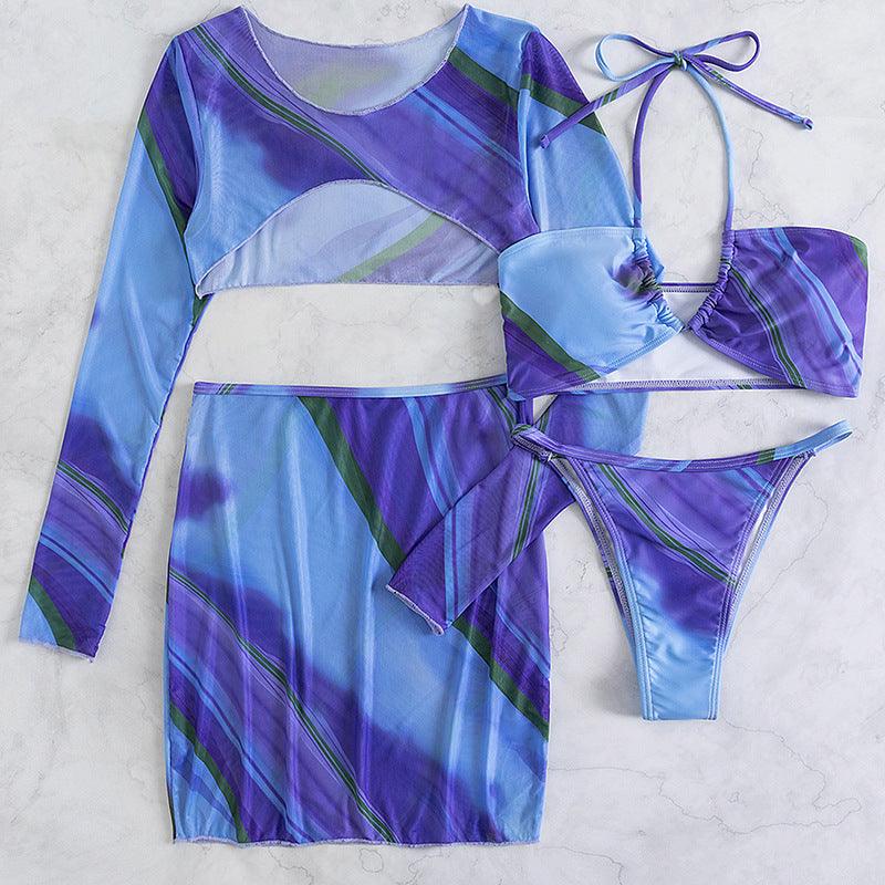 Blue Printed Strappy 4 Piece Swimsuit Set - AMIClubwear