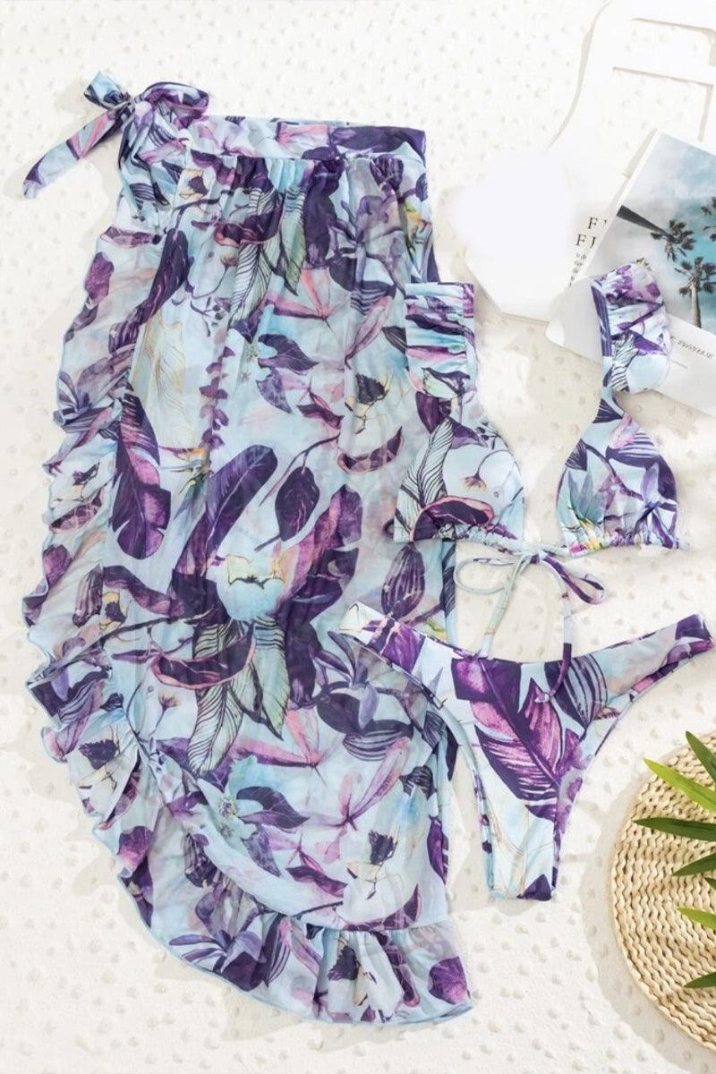 Blue Purple Floral Print Ruffled Three Piece Swimsuit - AMIClubwear