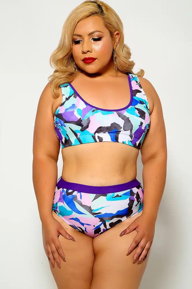 Blue Purple Plus Size Two Piece Swimsuit - AMIClubwear