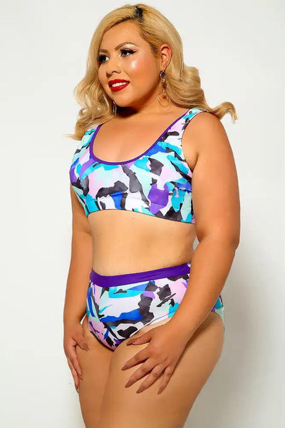 Blue Purple Plus Size Two Piece Swimsuit - AMIClubwear