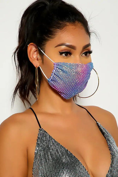 Blue Purple Rhinestones Face Mask - AMIClubwear