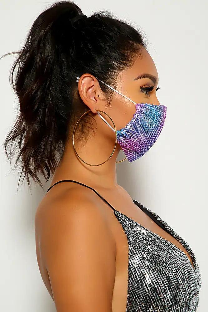 Blue Purple Rhinestones Face Mask - AMIClubwear