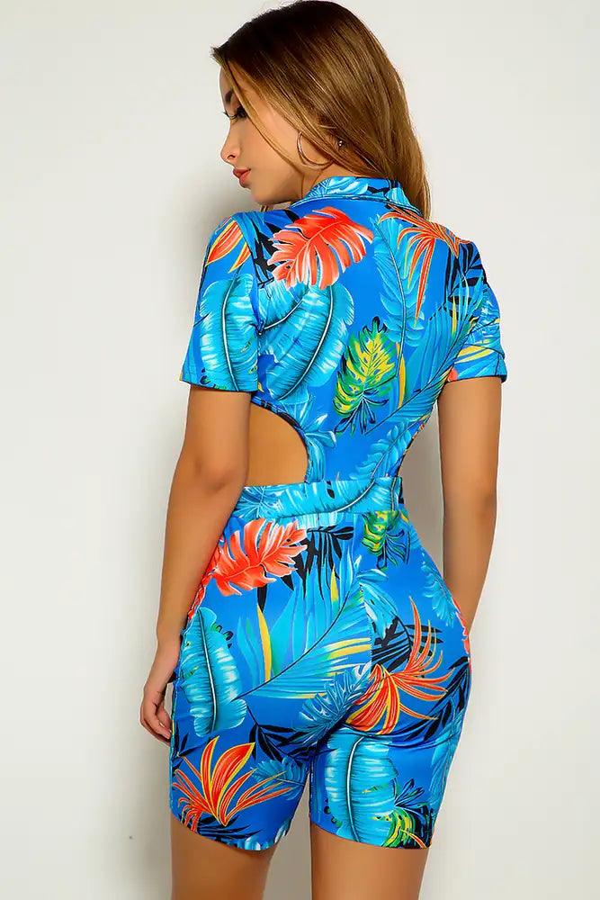 Blue Red Graphic Print Short Sleeve Romper - AMIClubwear