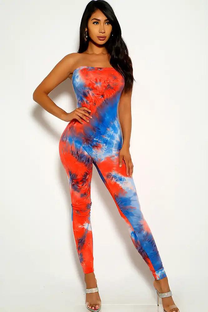 Blue Red Sleeveless Tie Dye Jumpsuit - AMIClubwear