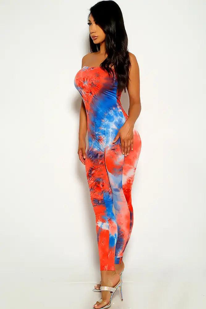 Blue Red Sleeveless Tie Dye Jumpsuit - AMIClubwear