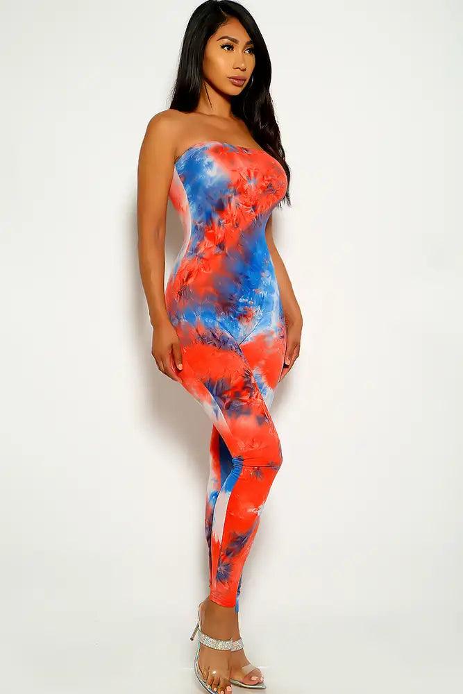 Blue Red Sleeveless Tie Dye Jumpsuit - AMIClubwear