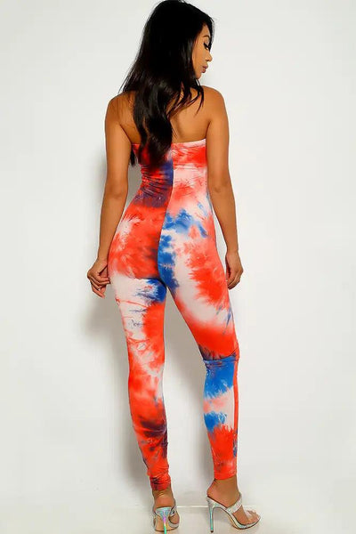 Blue Red Sleeveless Tie Dye Jumpsuit - AMIClubwear