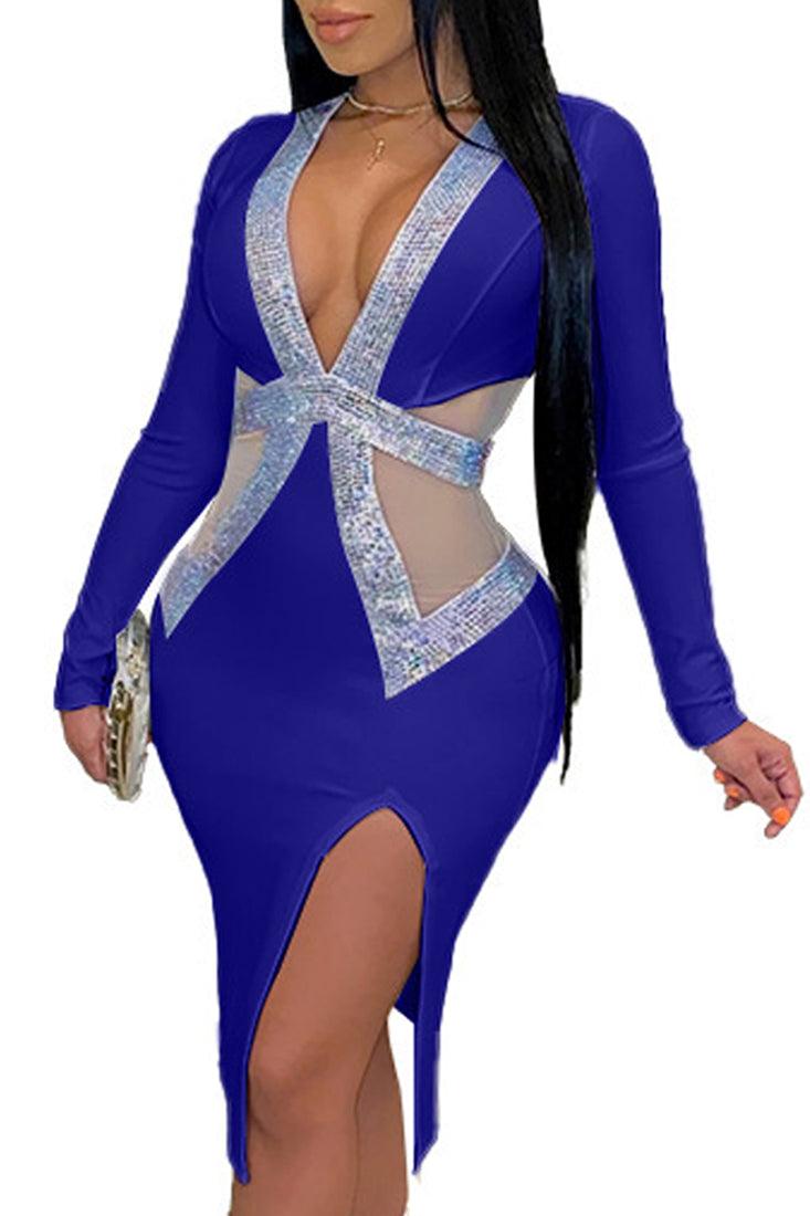 Blue Rhinestone Mesh V-Neck Long Sleeve Sexy Party Dress - AMIClubwear