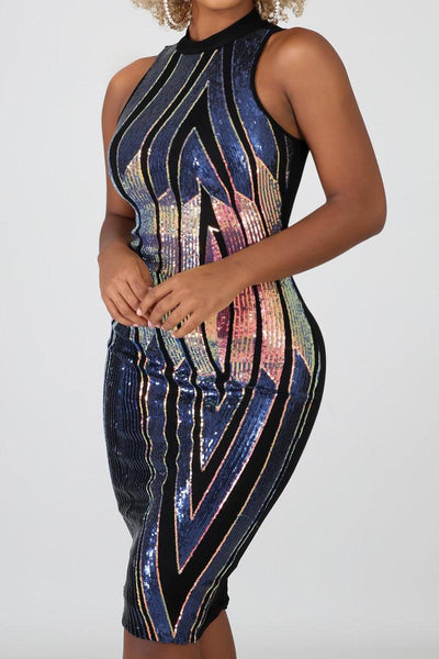 Blue Sequin Halter Neck Sleeveless Sexy Party Dress - AMIClubwear