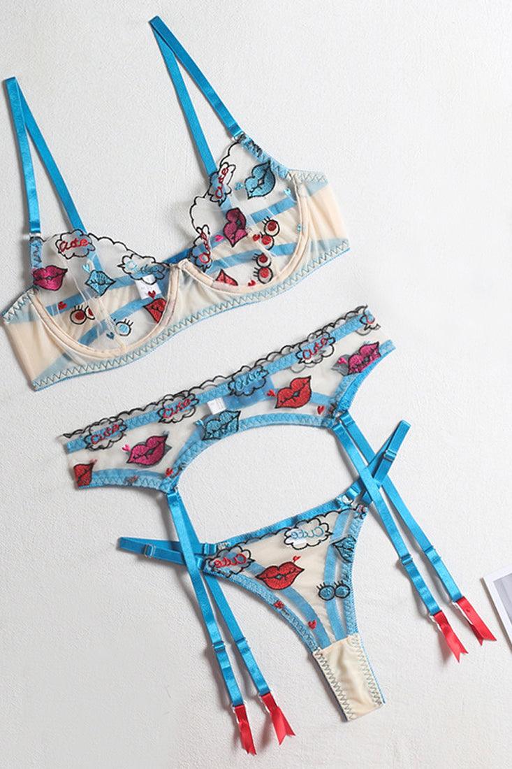 Blue Sexy Lips Embroidery Mesh Underwire Lingerie 3 Pc Set - AMIClubwear