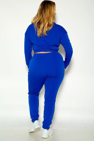 Blue Sexy Long Sleeve Lounge Wear Cozy Plus Size Two Piece Outfit - AMIClubwear
