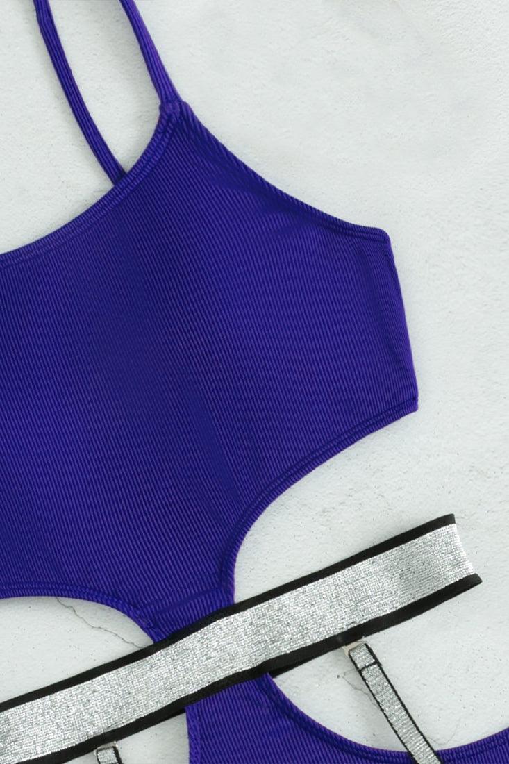 Blue Silver Shimmery Cut Out Sexy One Piece Swimsuit - AMIClubwear