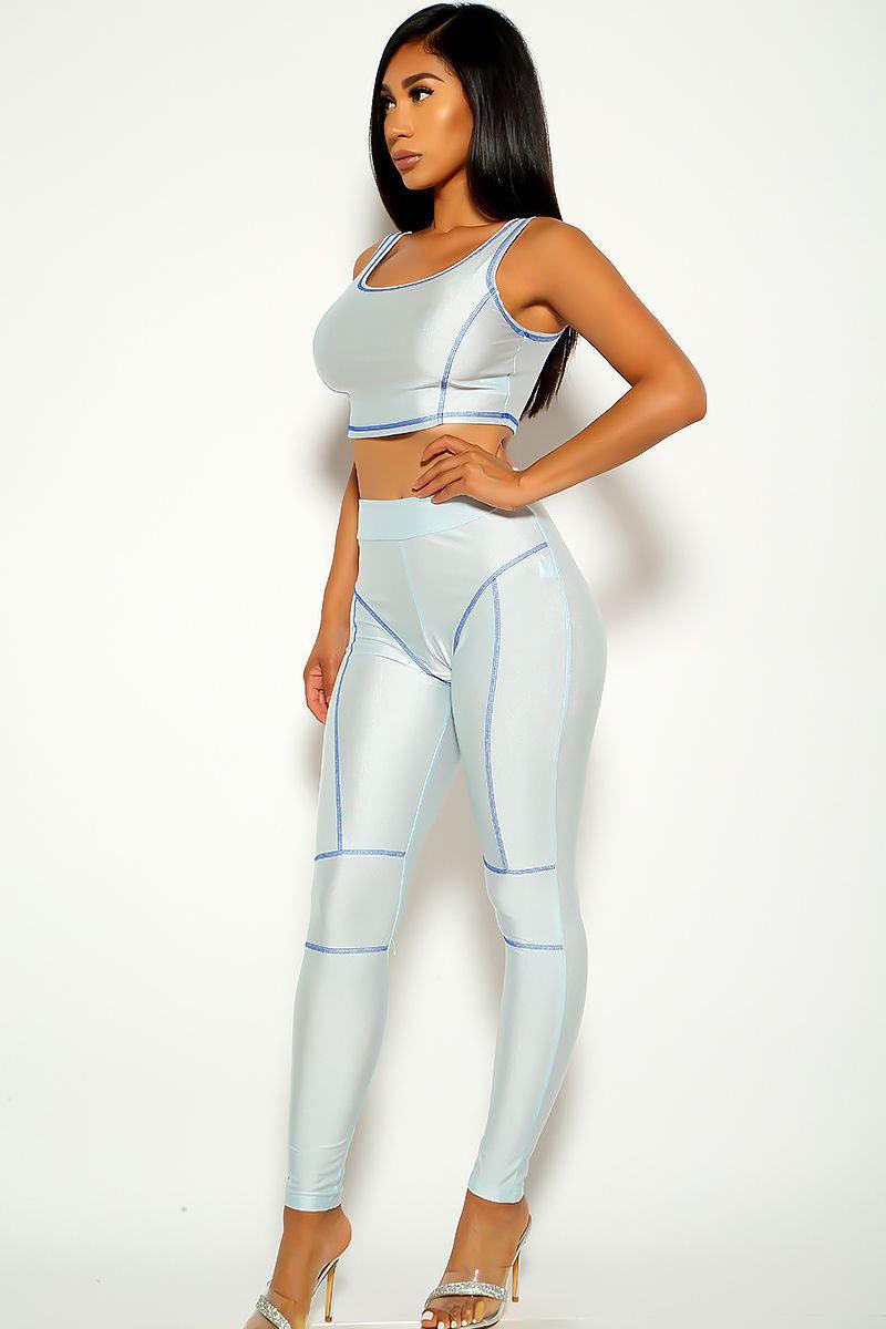 Blue Silver Sleeveless Striped Two Piece Outfit - AMIClubwear
