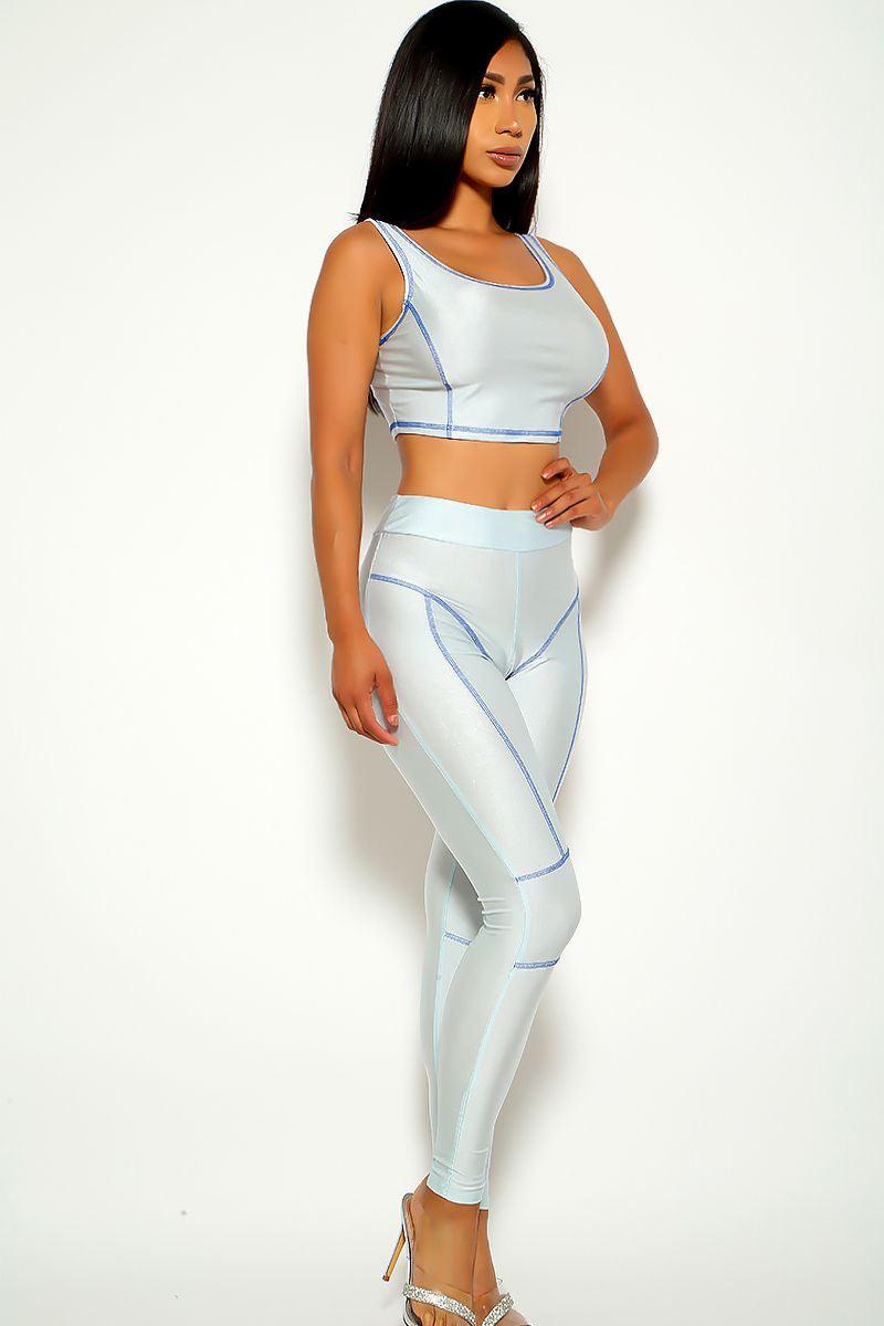 Blue Silver Sleeveless Striped Two Piece Outfit - AMIClubwear