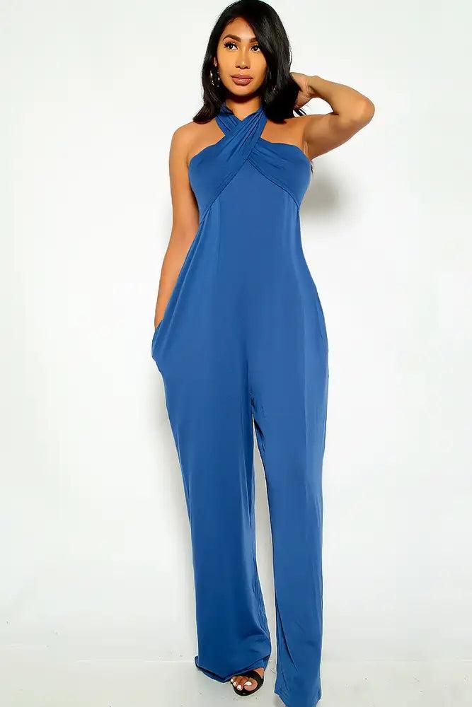 Blue Sleeveless Criss Cross Jumpsuit - AMIClubwear