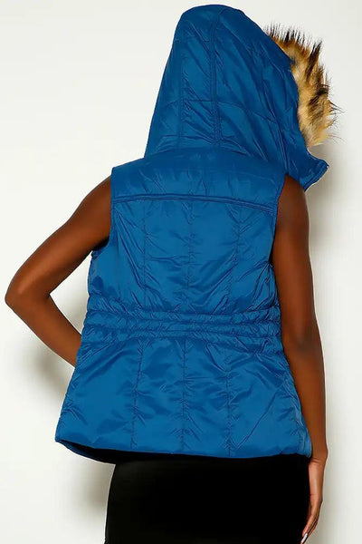 Blue Sleeveless Faux Fur Trim Outerwear Vest - AMIClubwear