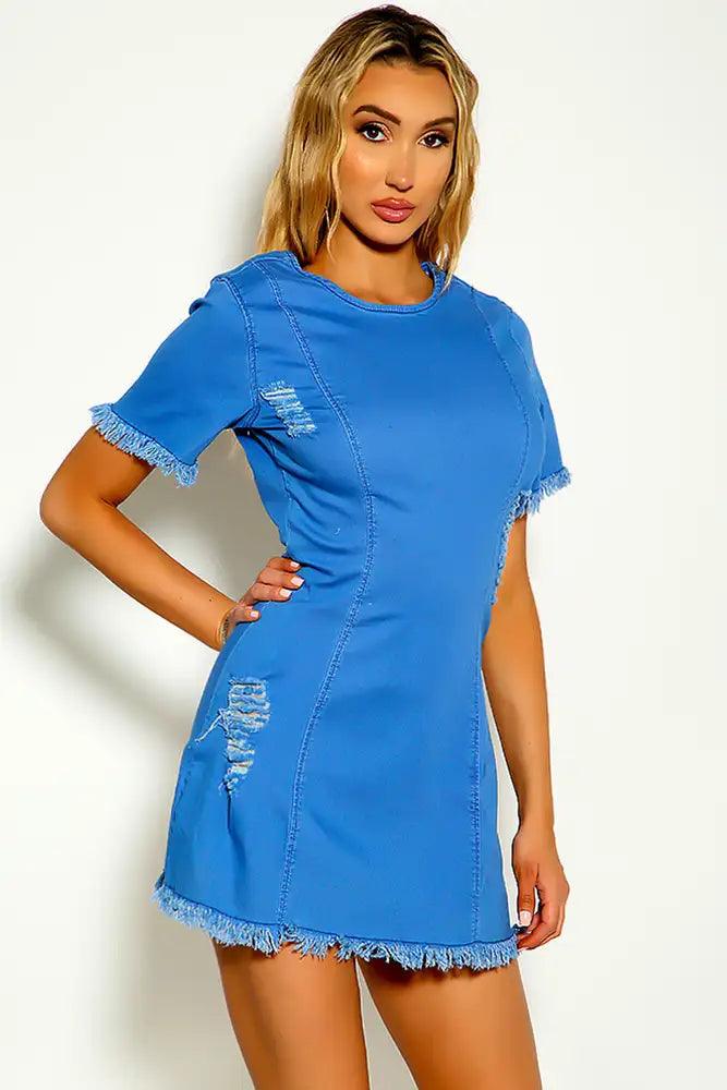 Blue Sleeveless Frayed Denim Dress - AMIClubwear