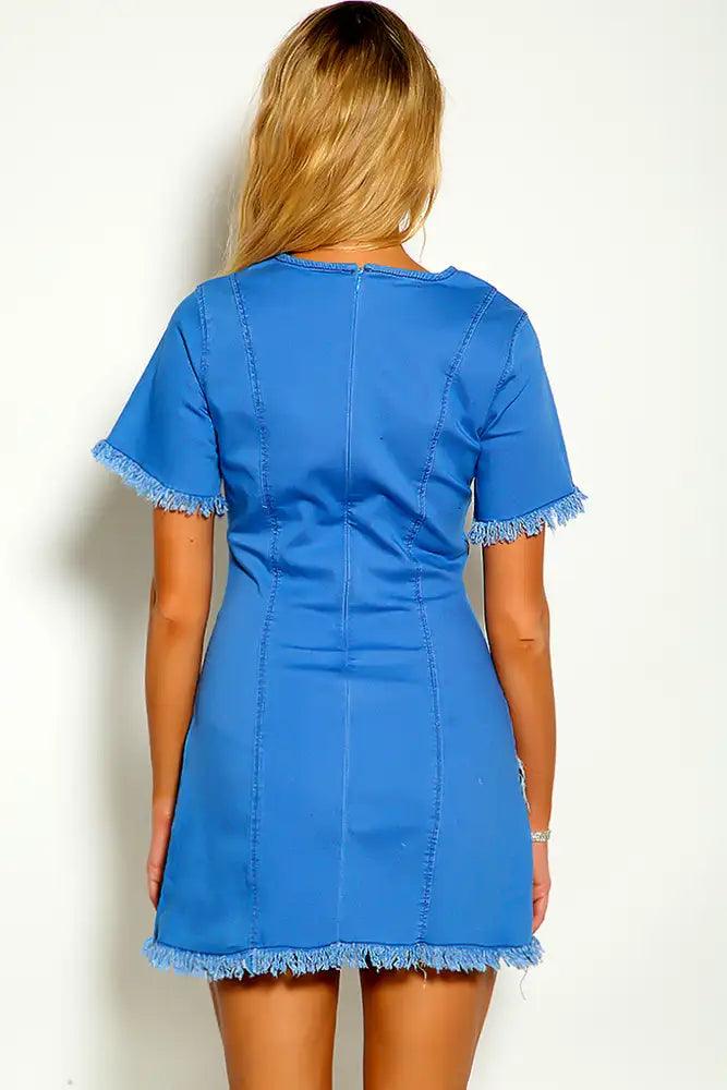 Blue Sleeveless Frayed Denim Dress - AMIClubwear