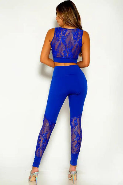 Blue Sleeveless Lace Embroider Two Piece Outfit - AMIClubwear