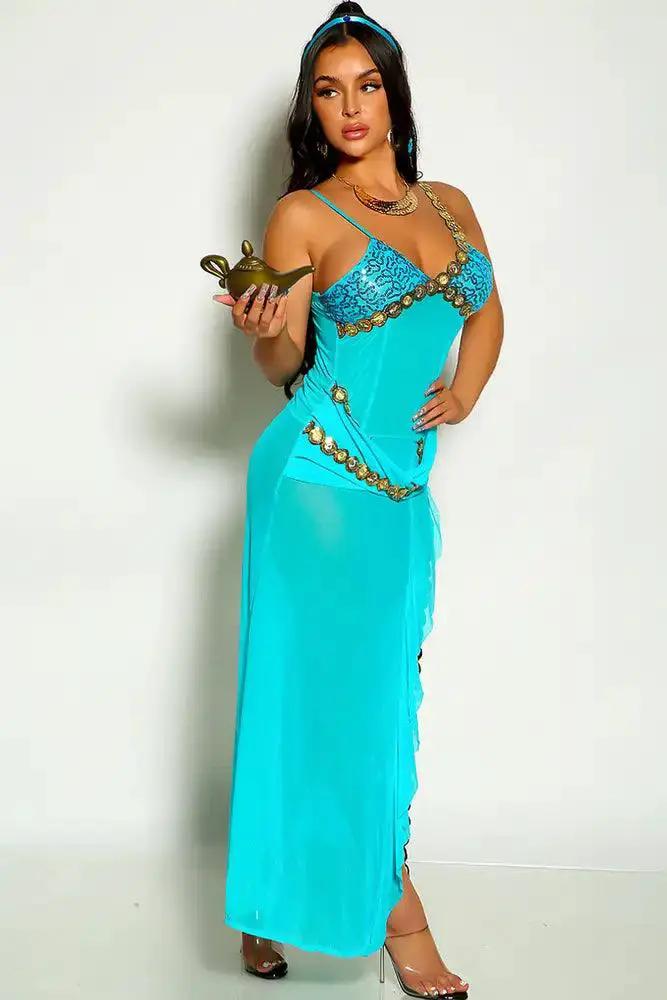 Blue Sleeveless Sequin Trim Design Mesh Versatile One Piece Costume Dress