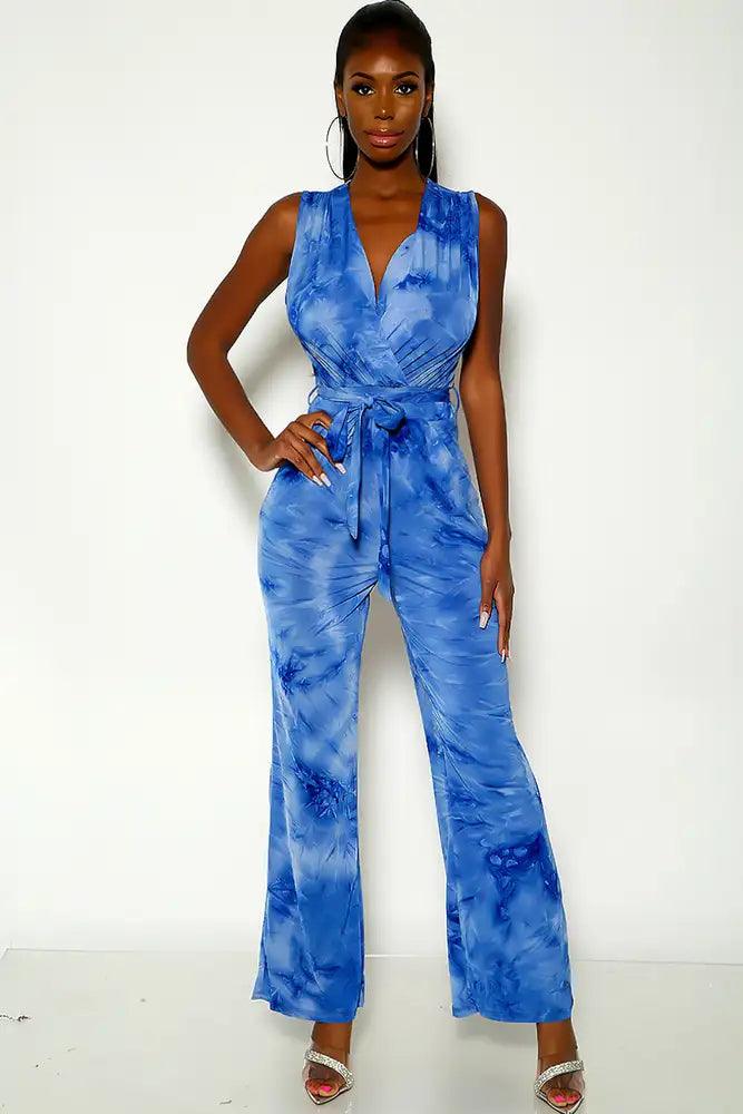 Blue Sleeveless Tie Dye Belted Jumpsuit - AMIClubwear