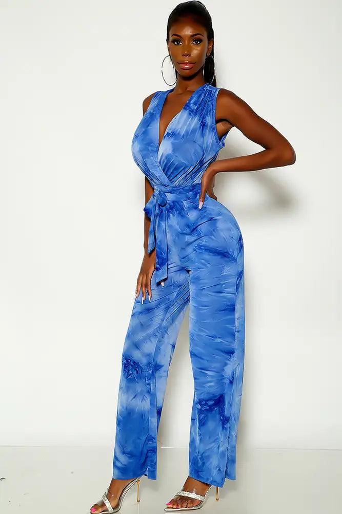 Blue Sleeveless Tie Dye Belted Jumpsuit - AMIClubwear