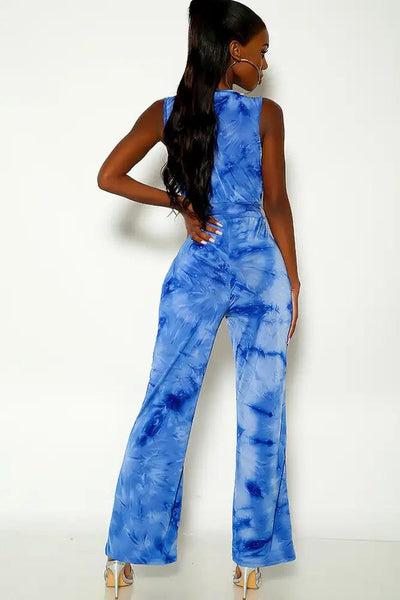 Blue Sleeveless Tie Dye Belted Jumpsuit - AMIClubwear