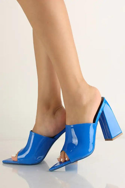 Blue Slip On Patent leather Chunky Heels - AMIClubwear