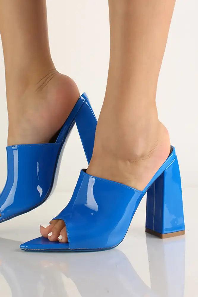 Blue Slip On Patent leather Chunky Heels - AMIClubwear