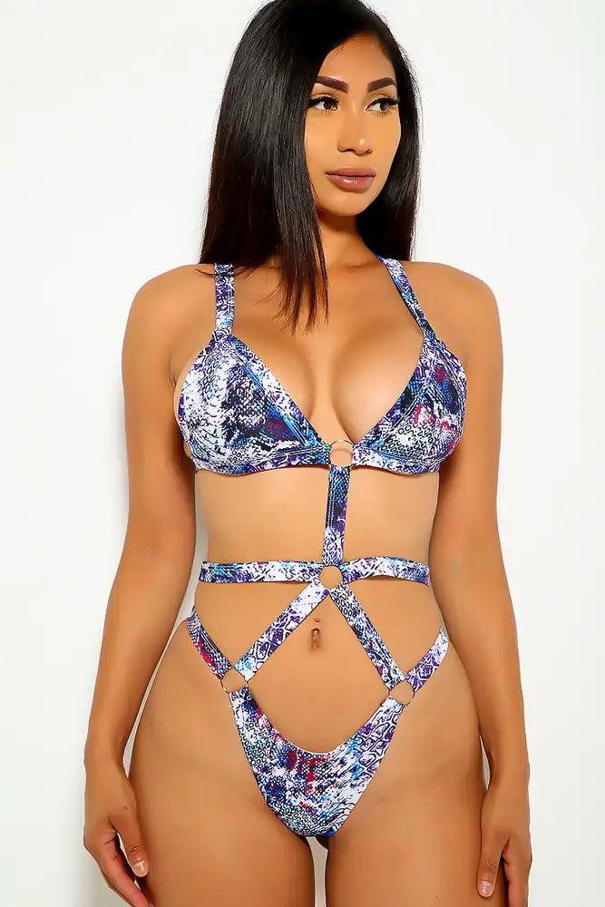 Blue Snake Print Strappy Caged Monokini - AMIClubwear