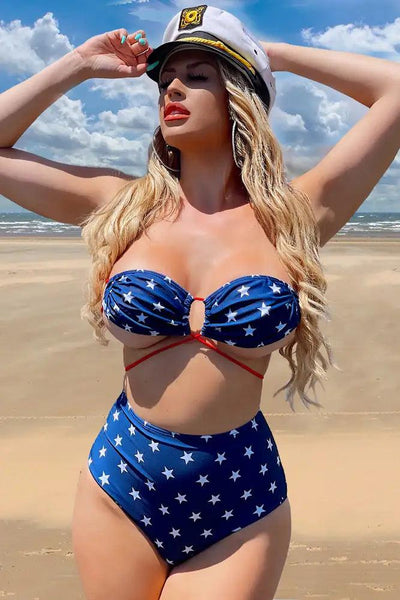 Blue Star Print Red Strappy High Waist Two Piece Sexy Swimsuit - AMIClubwear