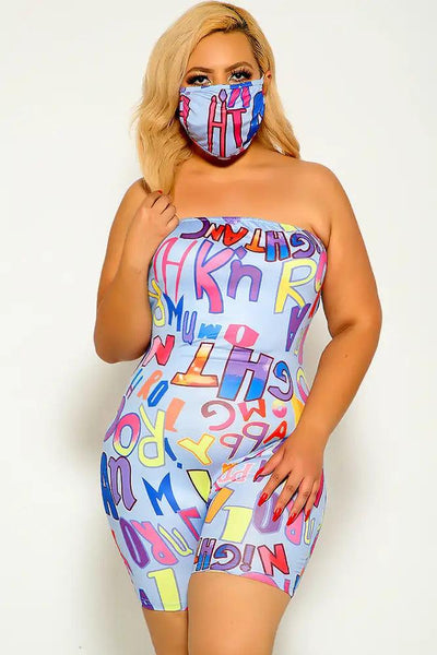 Blue Strapless Graphic Print Plus Size Romper - AMIClubwear