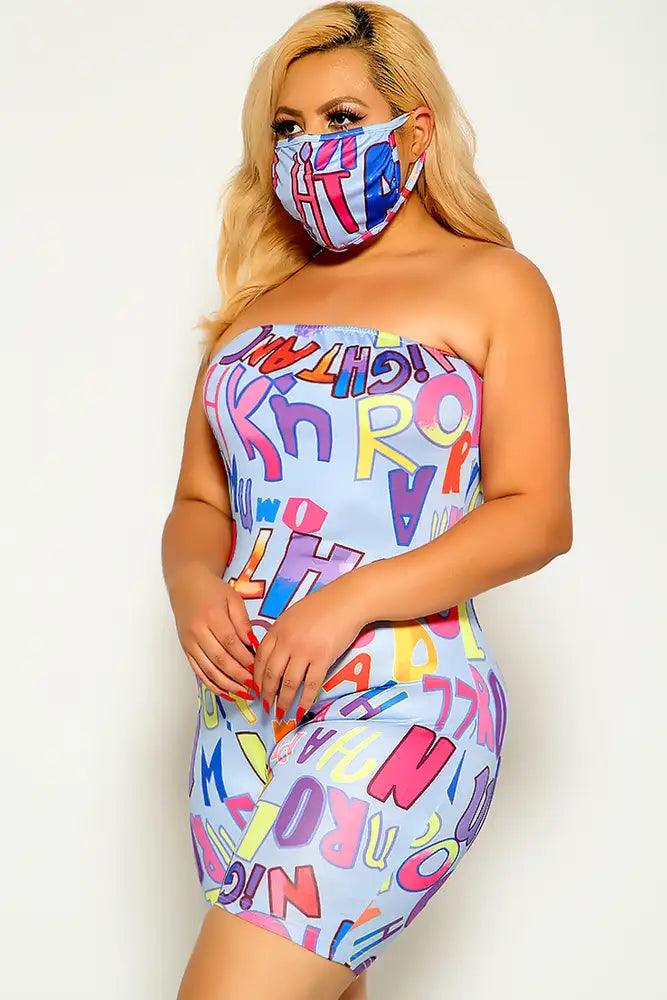 Blue Strapless Graphic Print Plus Size Romper - AMIClubwear