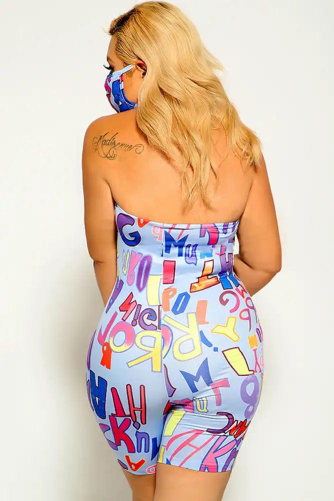 Blue Strapless Graphic Print Plus Size Romper - AMIClubwear