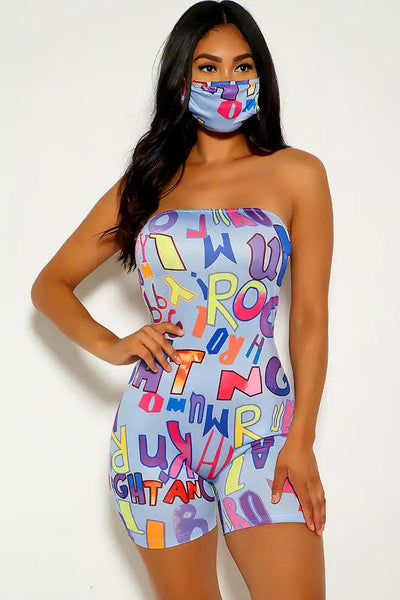 Blue Strapless Graphic Print Romper - AMIClubwear