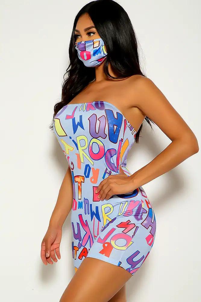 Blue Strapless Graphic Print Romper - AMIClubwear