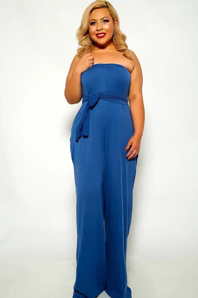 Blue Strapless Plus Size Jumpsuit - AMIClubwear