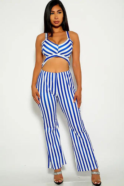 Blue Stripe Print Cut Out Jumpsuit - AMIClubwear