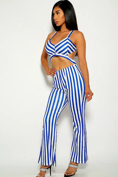 Blue Stripe Print Cut Out Jumpsuit - AMIClubwear