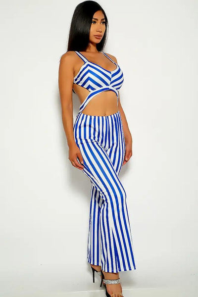 Blue Stripe Print Cut Out Jumpsuit - AMIClubwear