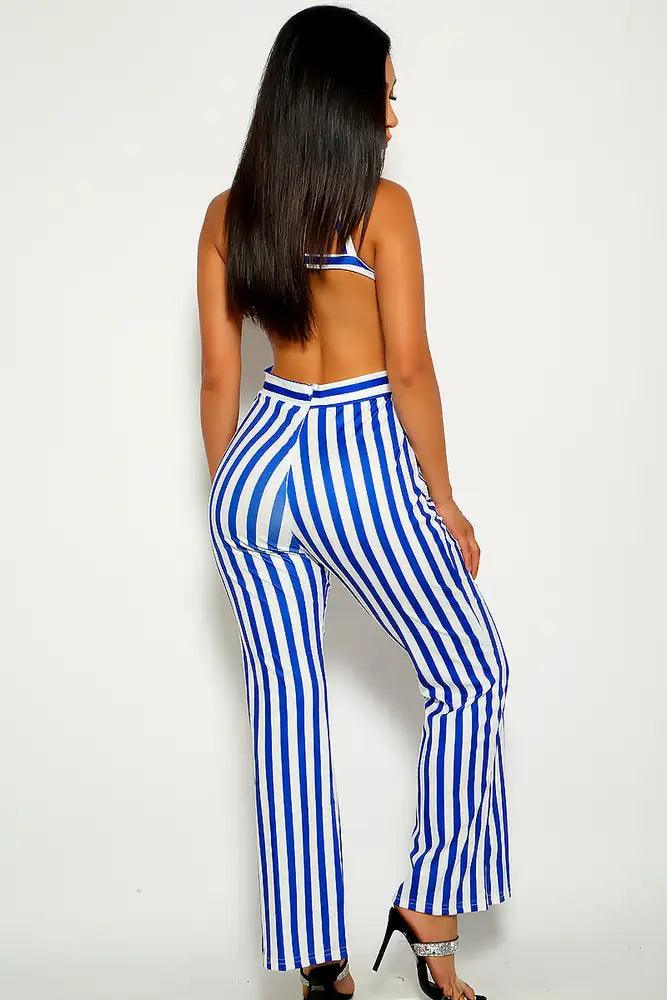 Blue Stripe Print Cut Out Jumpsuit - AMIClubwear