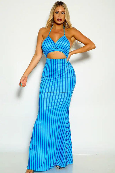 Blue Striped Halter Cut Out Maxi Dress - AMIClubwear